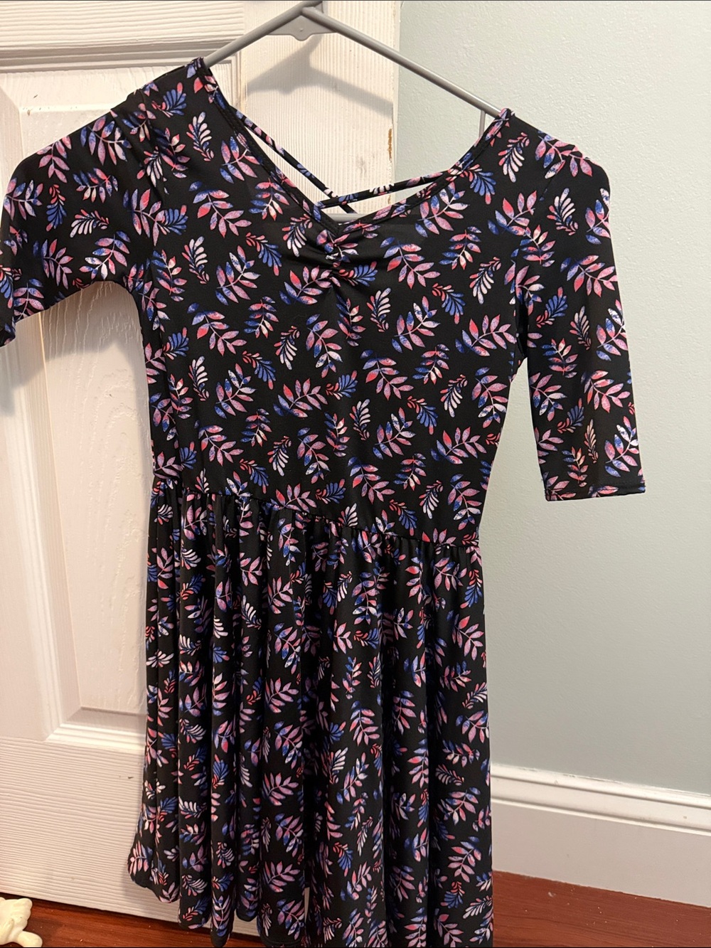 Dot Dot Smile Black Fit-and-Flare Dress with Pink & Blue Leaf Print